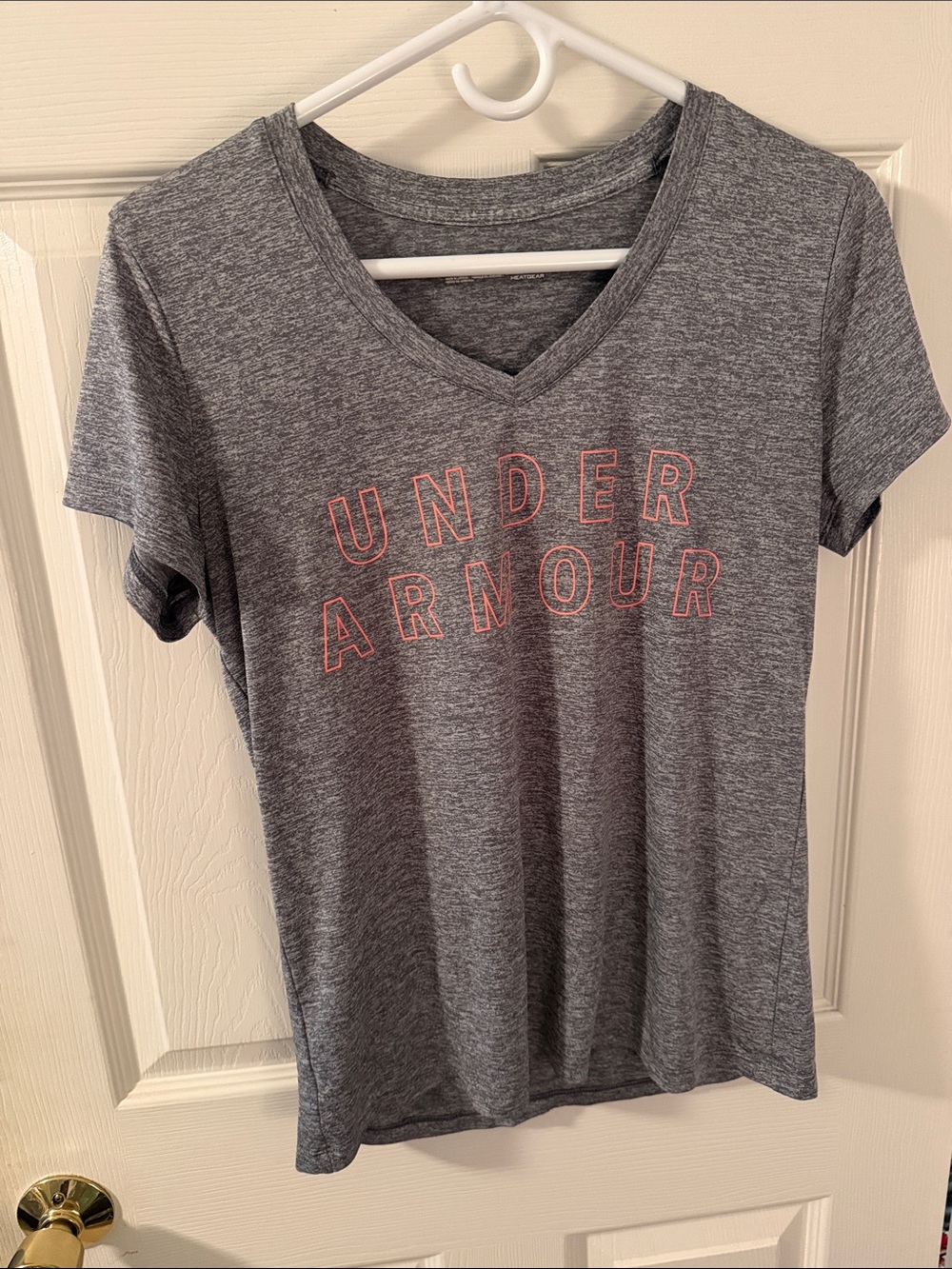 Under Armour Heather Gray V-Neck Tee with Pink Outline Logo